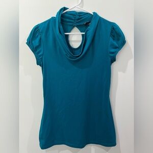 Byer California Blue Puff Sleeve Blouse with Relaxed Neckline